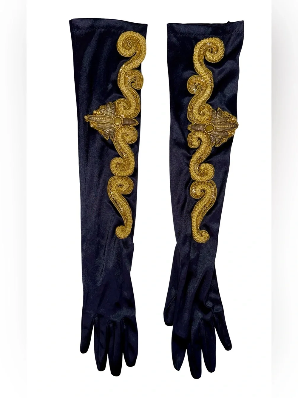 BLACK SATIN OPERA GLOVES WITH GOLD BAROQUE EMBROIDERY